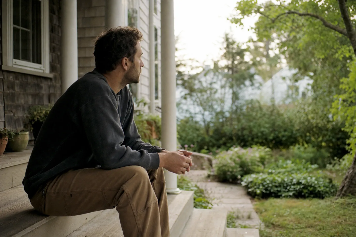 Man sitting on porch steps in the morning, looking out at the yard