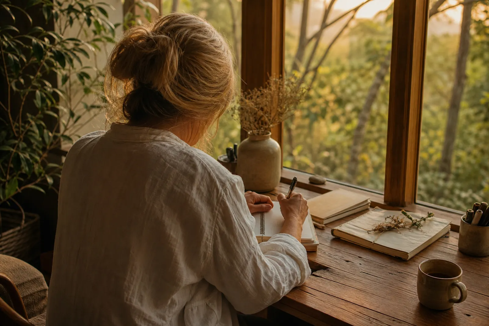 Woman writing in a notebook at a wooden desk beside a sunlit window