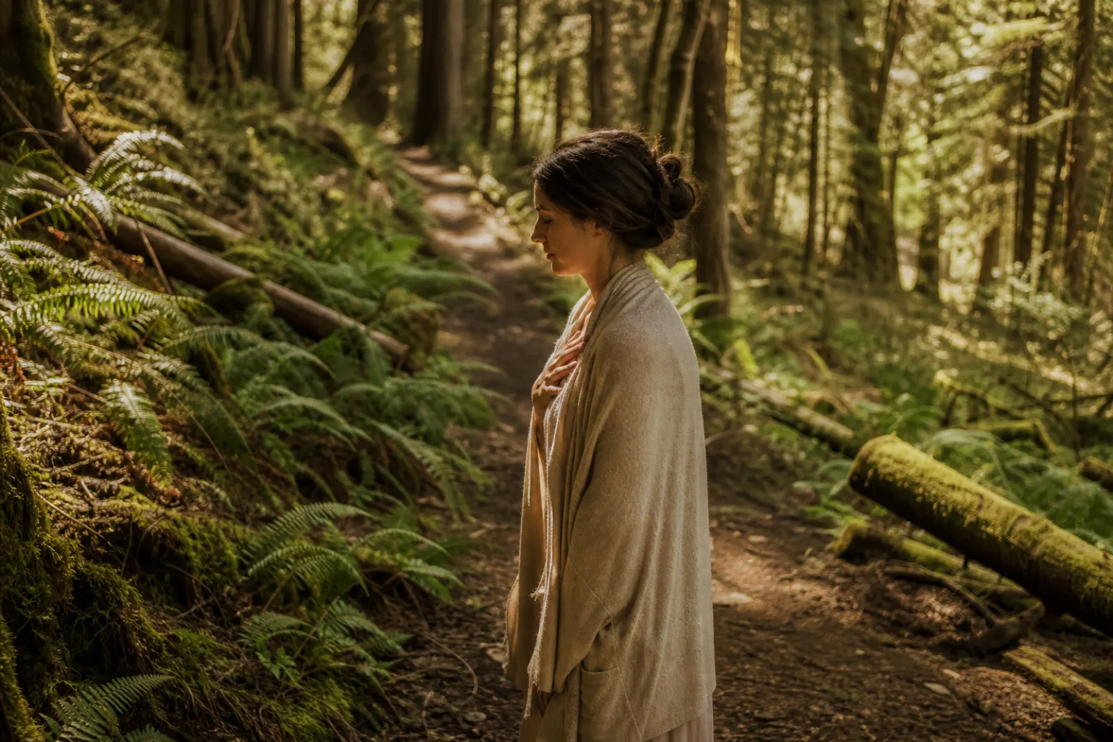 Woman standing still on a fern-lined forest path, hand resting on her chest