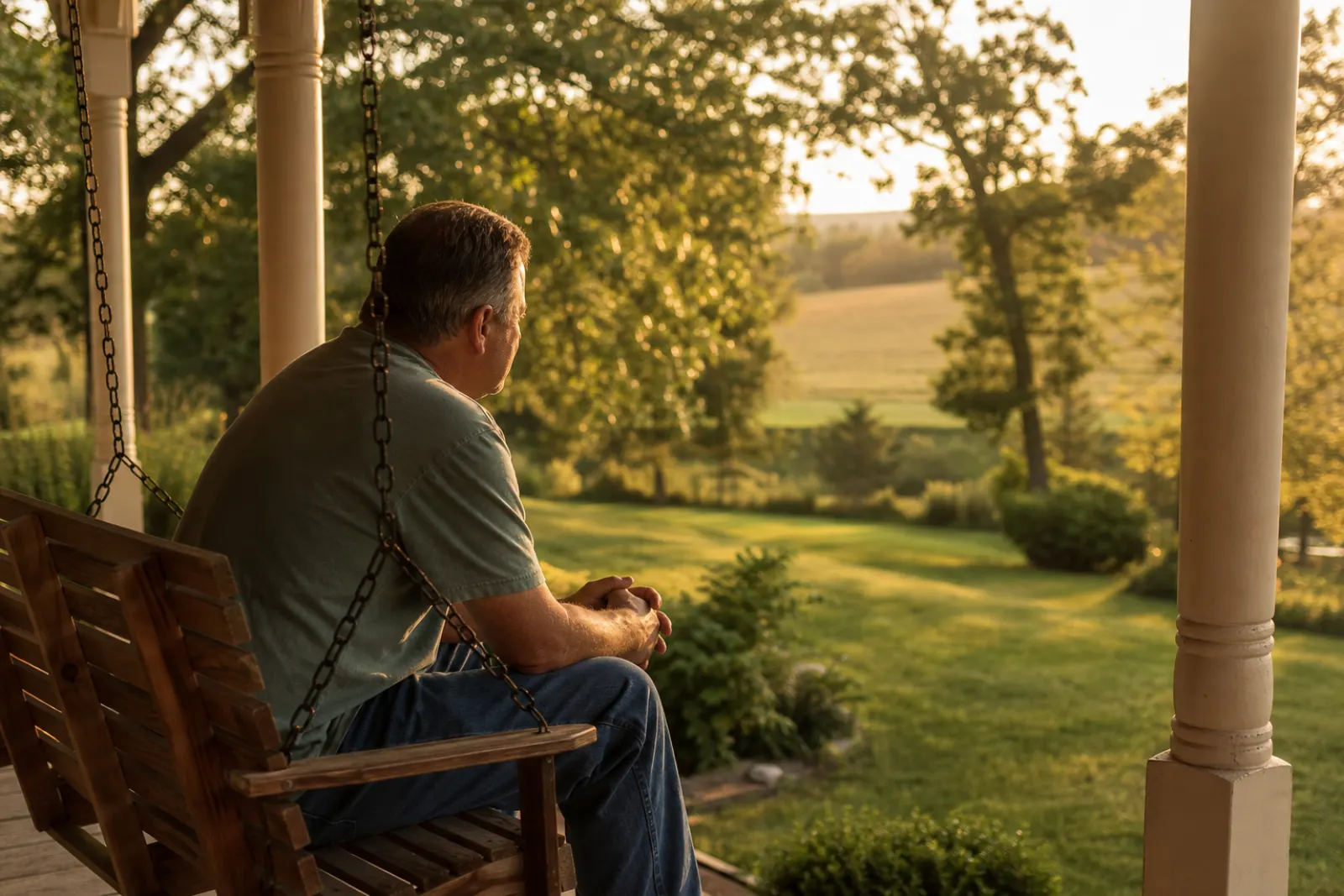 Man on a porch swing in evening light, elbows on knees, looking out at the yard