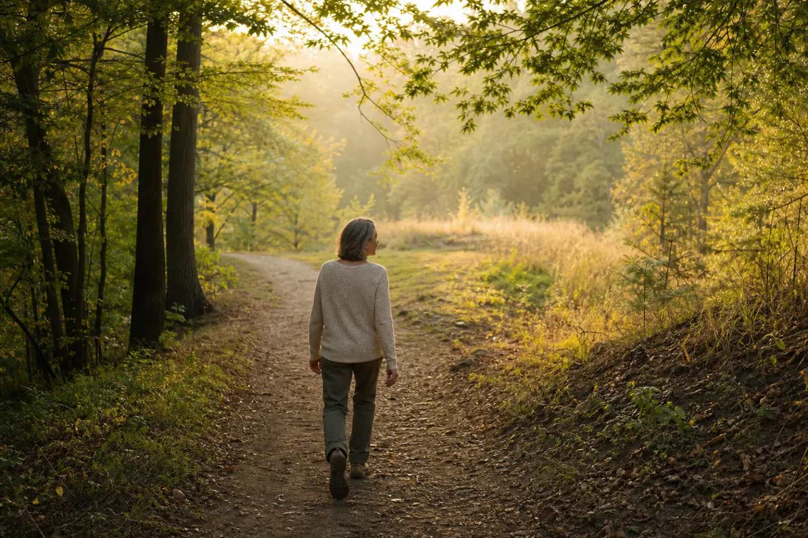 Woman walking up a gentle wooded trail toward a sunlit clearing