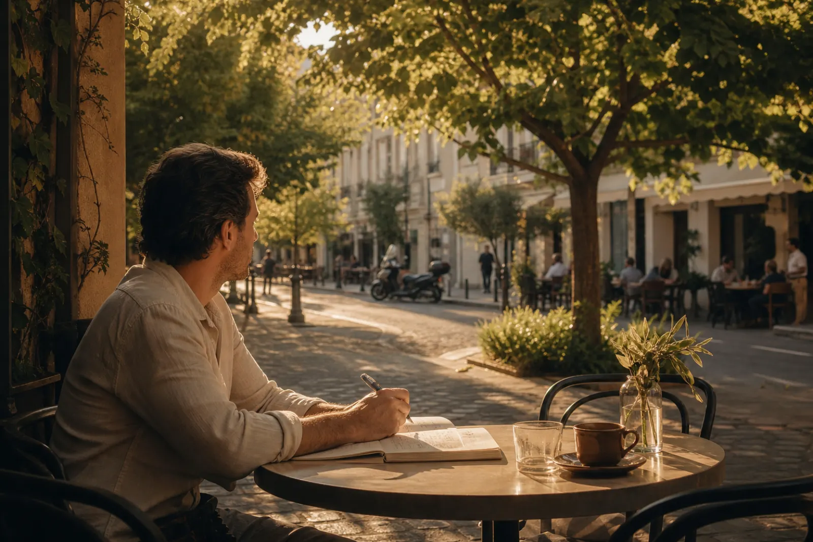 Man at an outdoor cafe table under trees with a notebook, looking at the street