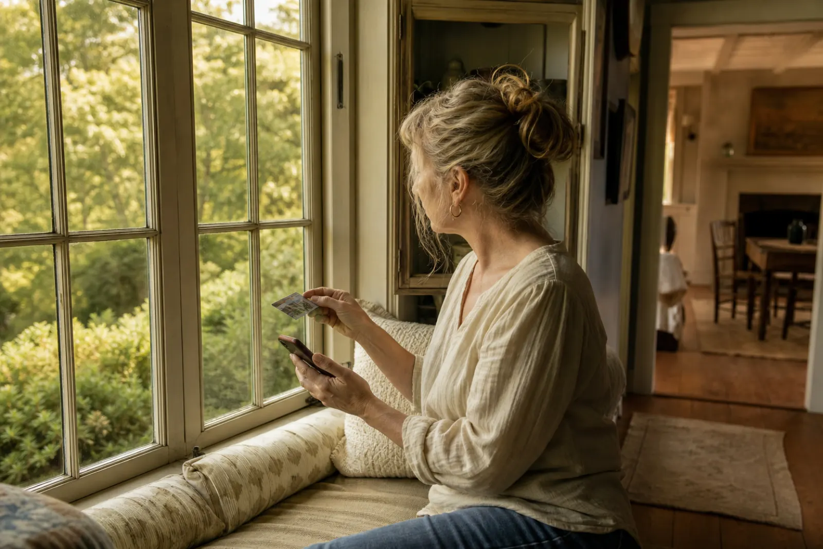 Woman on a farmhouse window seat holding a phone and a card, trees outside