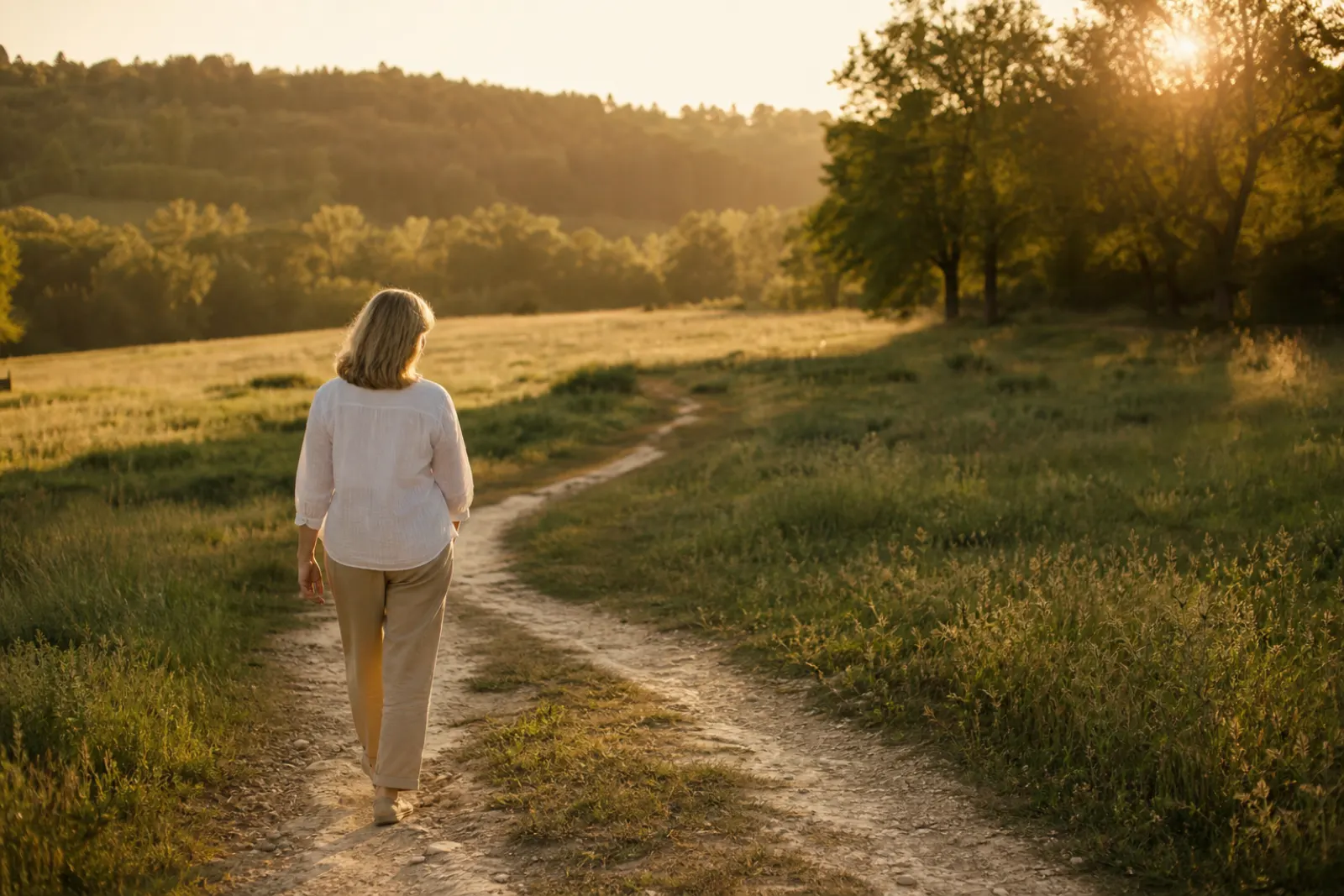 Woman walking a winding path through a green meadow toward distant trees