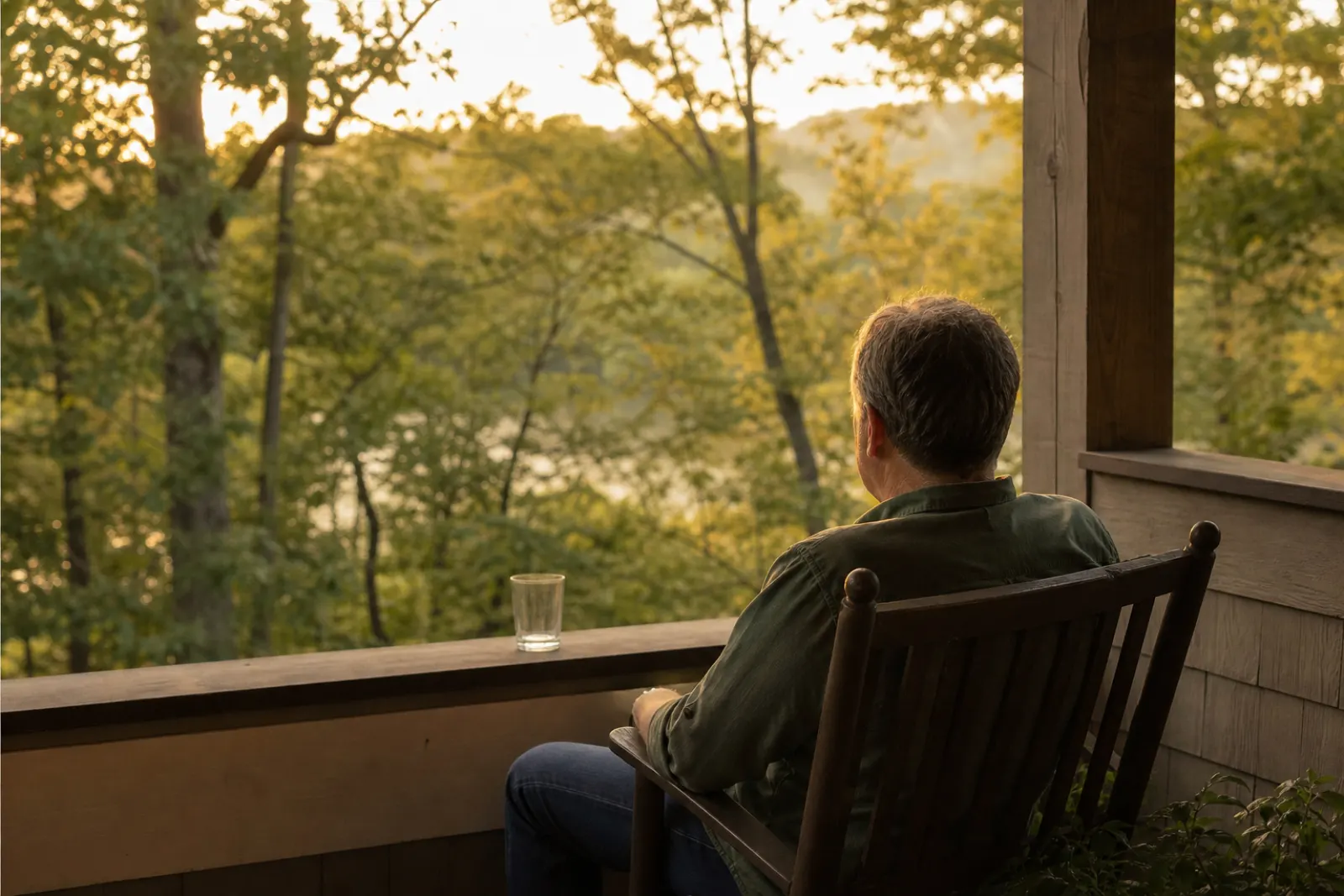 Man on a porch in evening light with an empty glass set aside on the railing