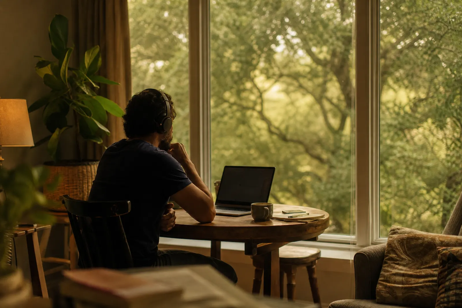 Man with headphones at a laptop by a window in a cozy room