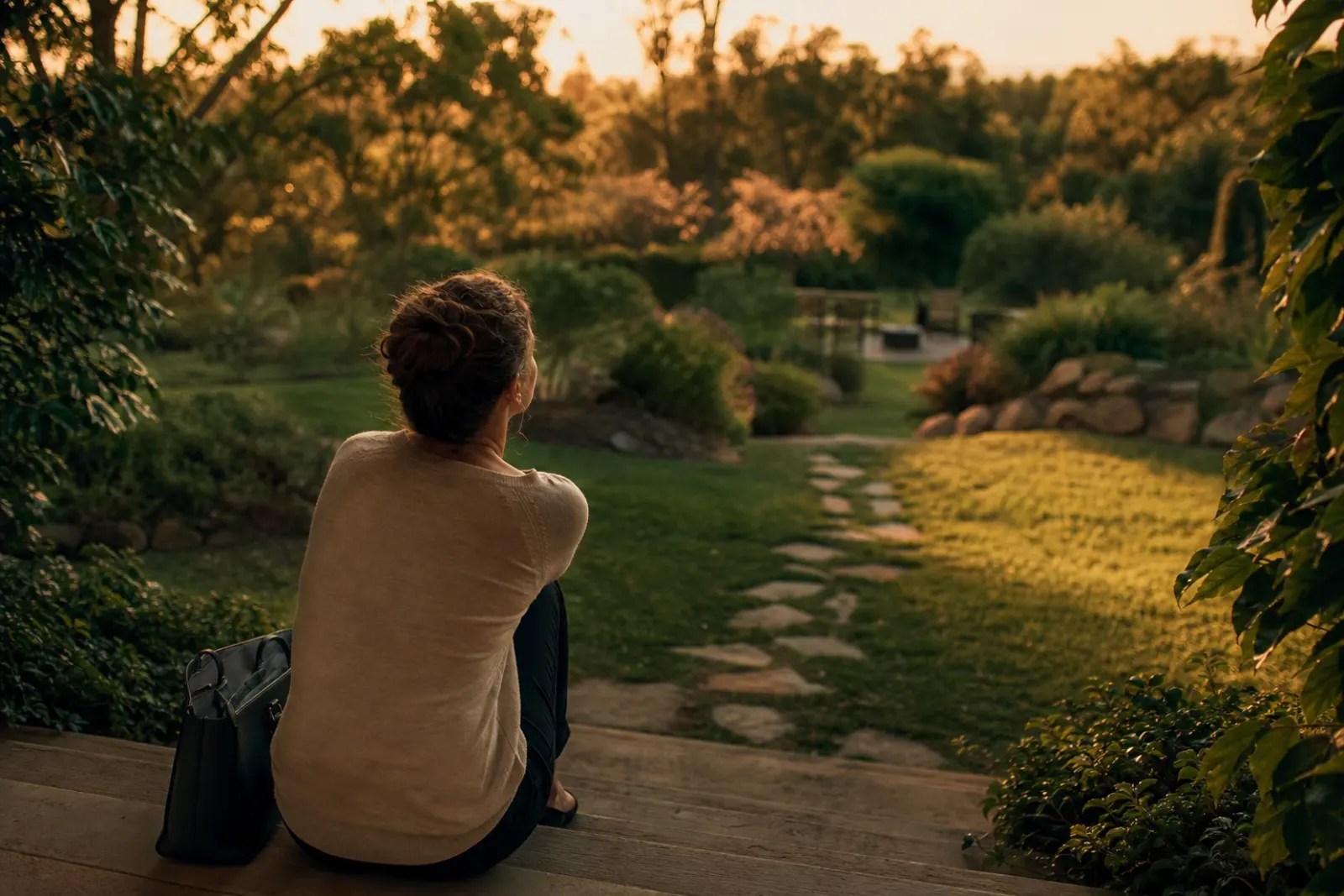 Woman sitting on back steps at dusk with a laptop bag beside her