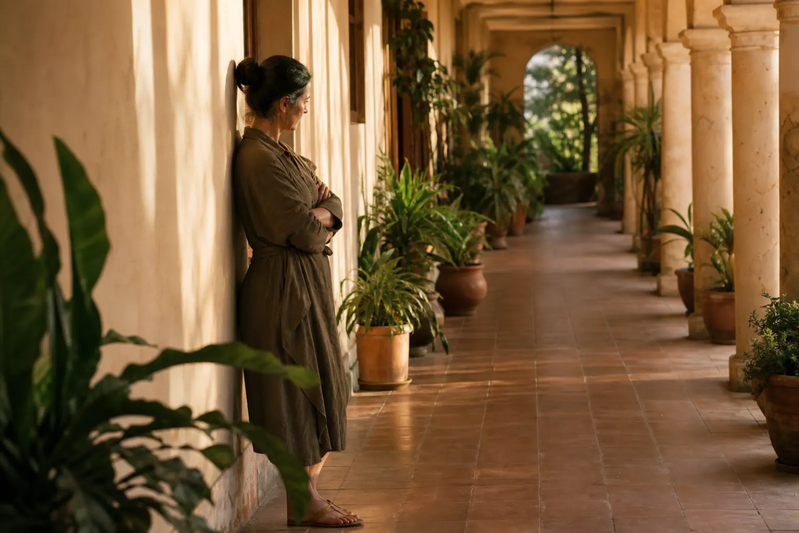 Woman leaning against a sunlit hallway wall with arms folded, thinking