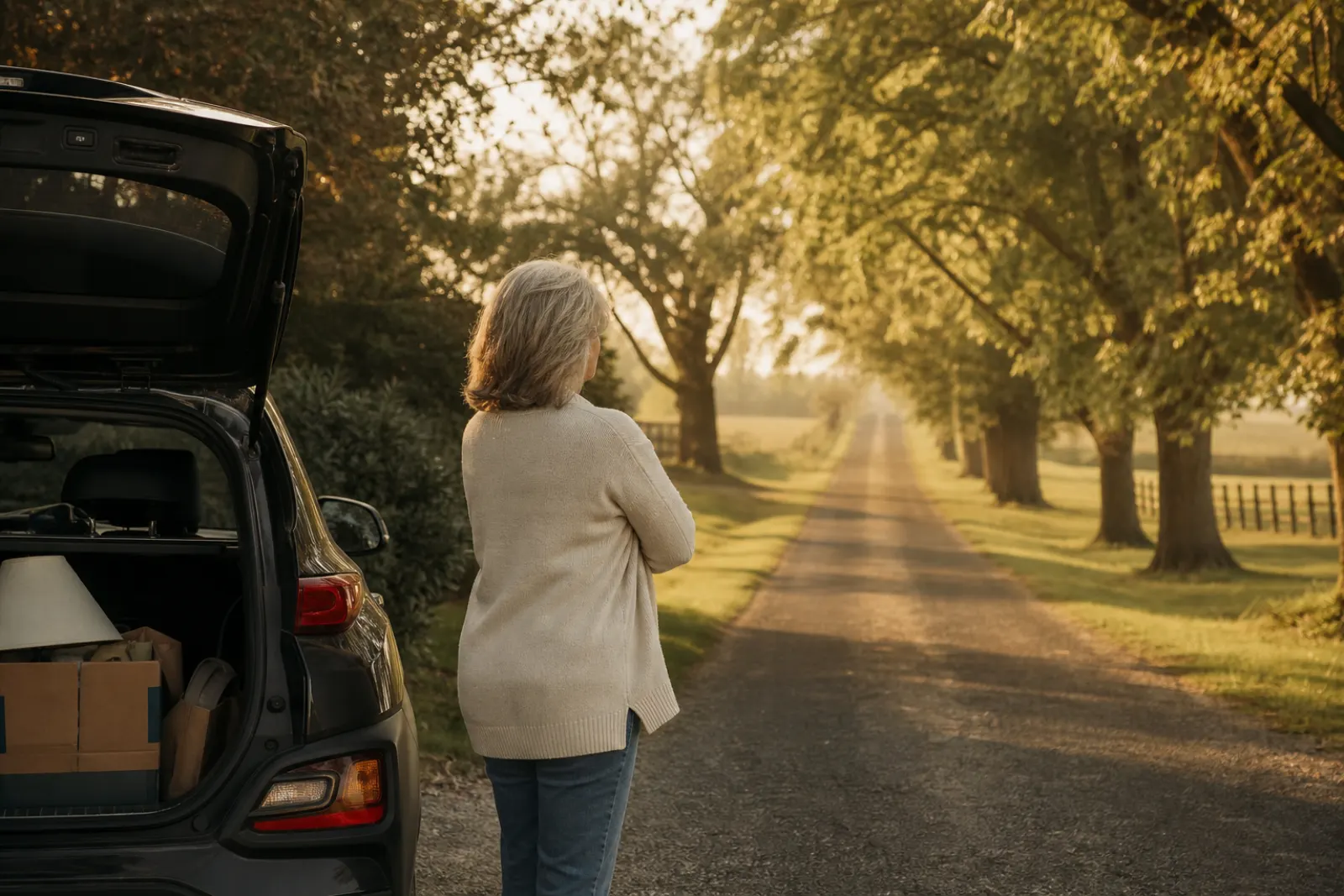Woman in a driveway beside a car with open trunk and boxes, watching the road