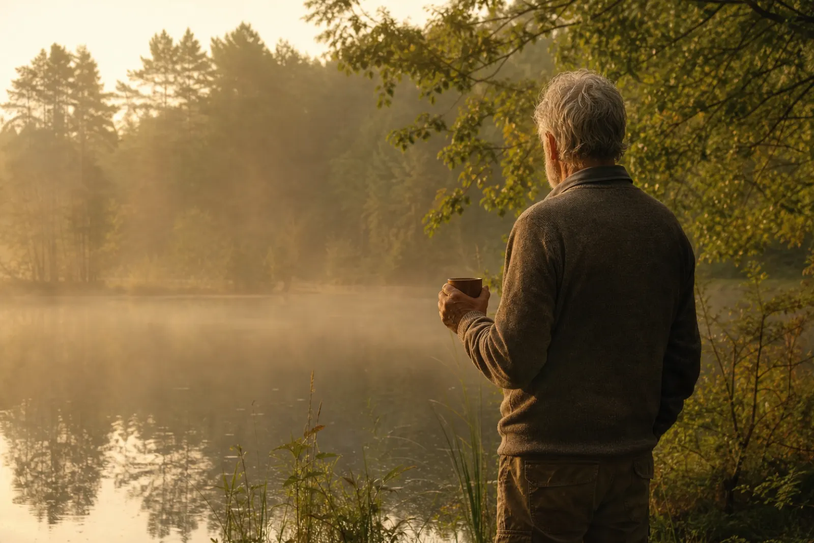Man holding a coffee mug at the edge of a misty pond in morning light