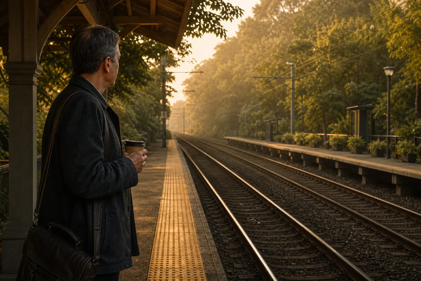 Commuter holding coffee on an open train platform in early golden morning light