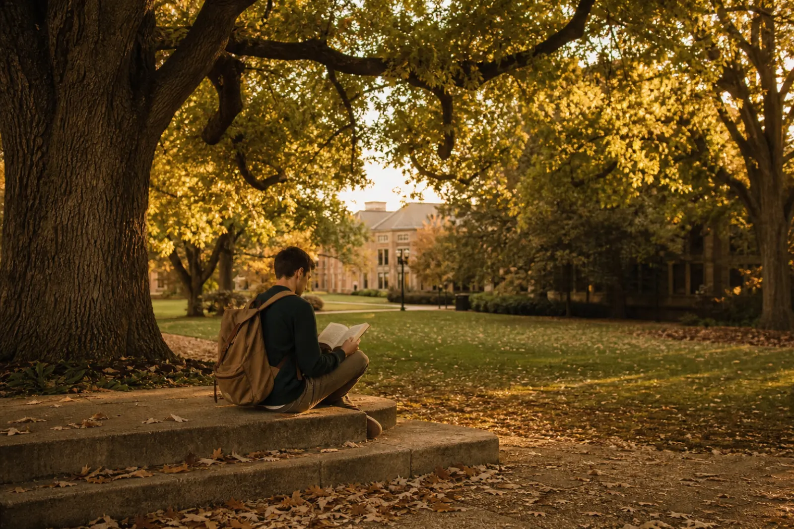 Young man with a backpack reading on stone steps under old oak trees in autumn