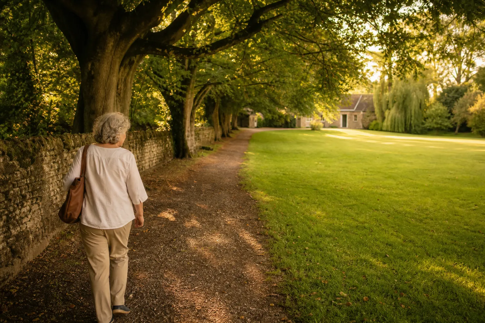 Woman walking a gravel path beside a green lawn and stone wall under beech trees