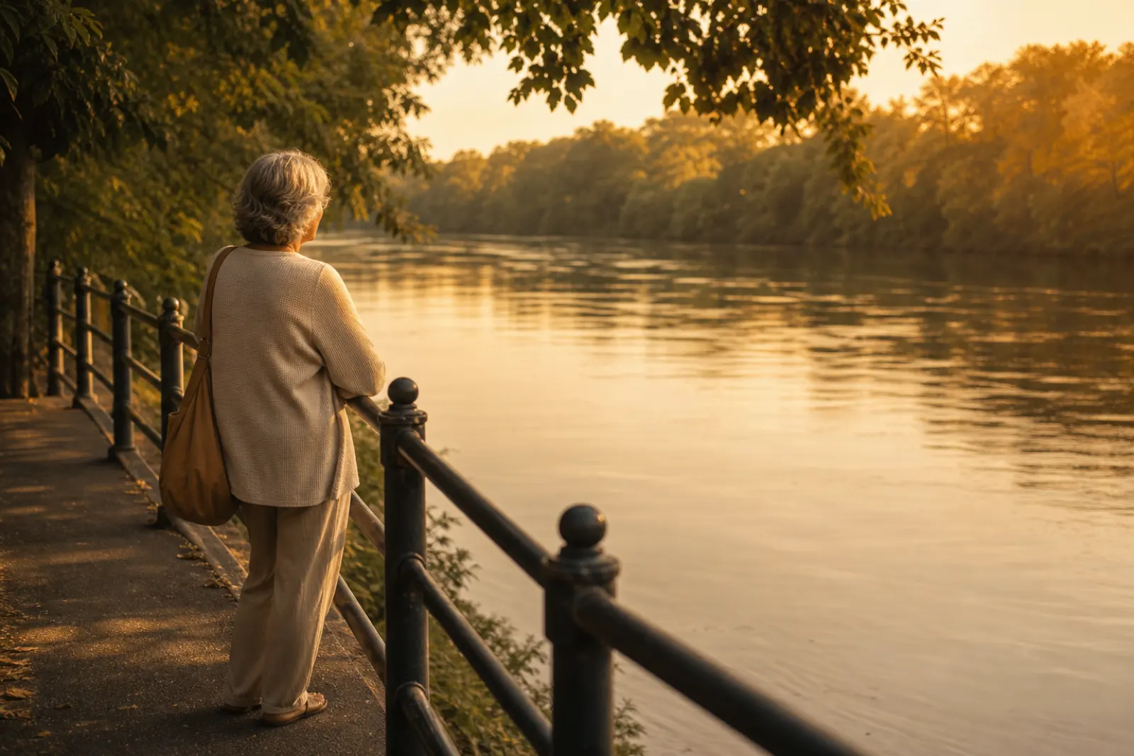 Woman on a riverside walkway looking over a broad calm river in golden evening light
