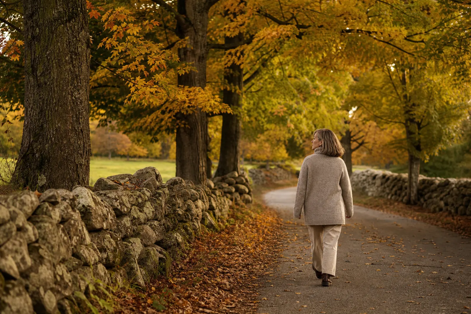 Woman walking a country lane between stone walls and tall maples in autumn
