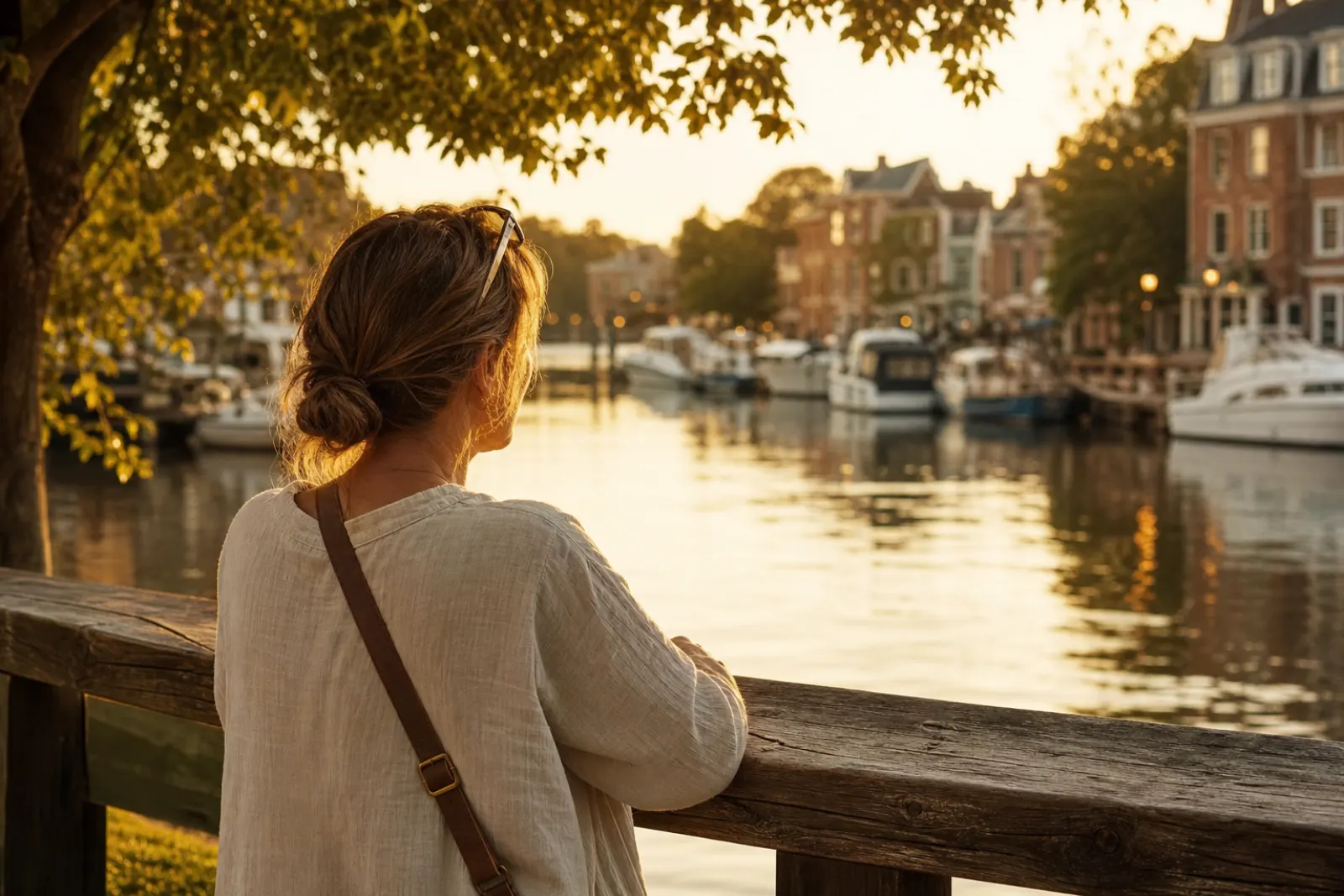 Woman at a wooden railing beside a calm harbor with brick buildings and boats beyond