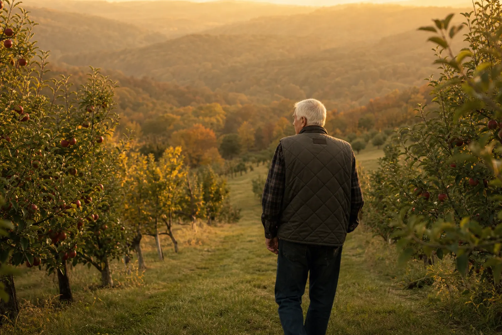 Older man in a quilted vest walking through a hilly autumn orchard