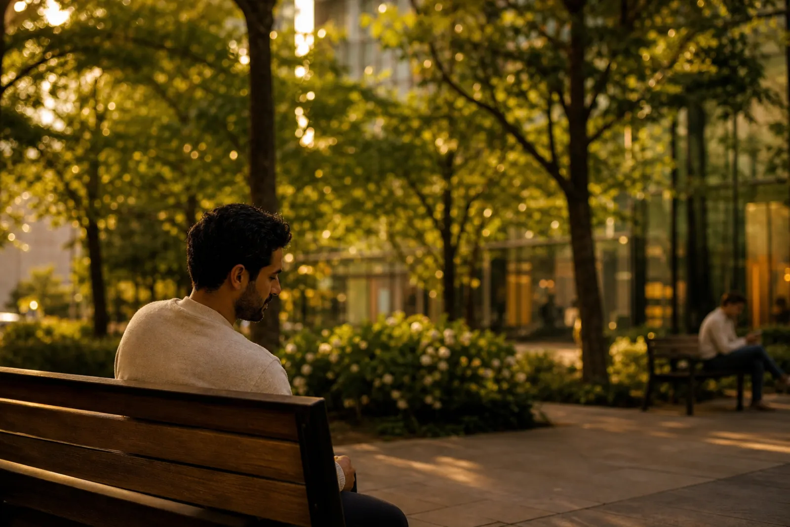 Man sitting on a bench in a tree-lined city plaza at dusk with office buildings behind