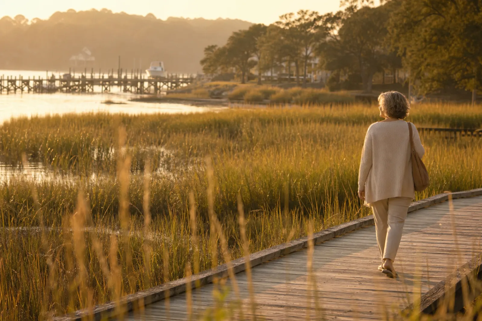 Woman walking alone on a boardwalk through a golden salt marsh near a small harbor