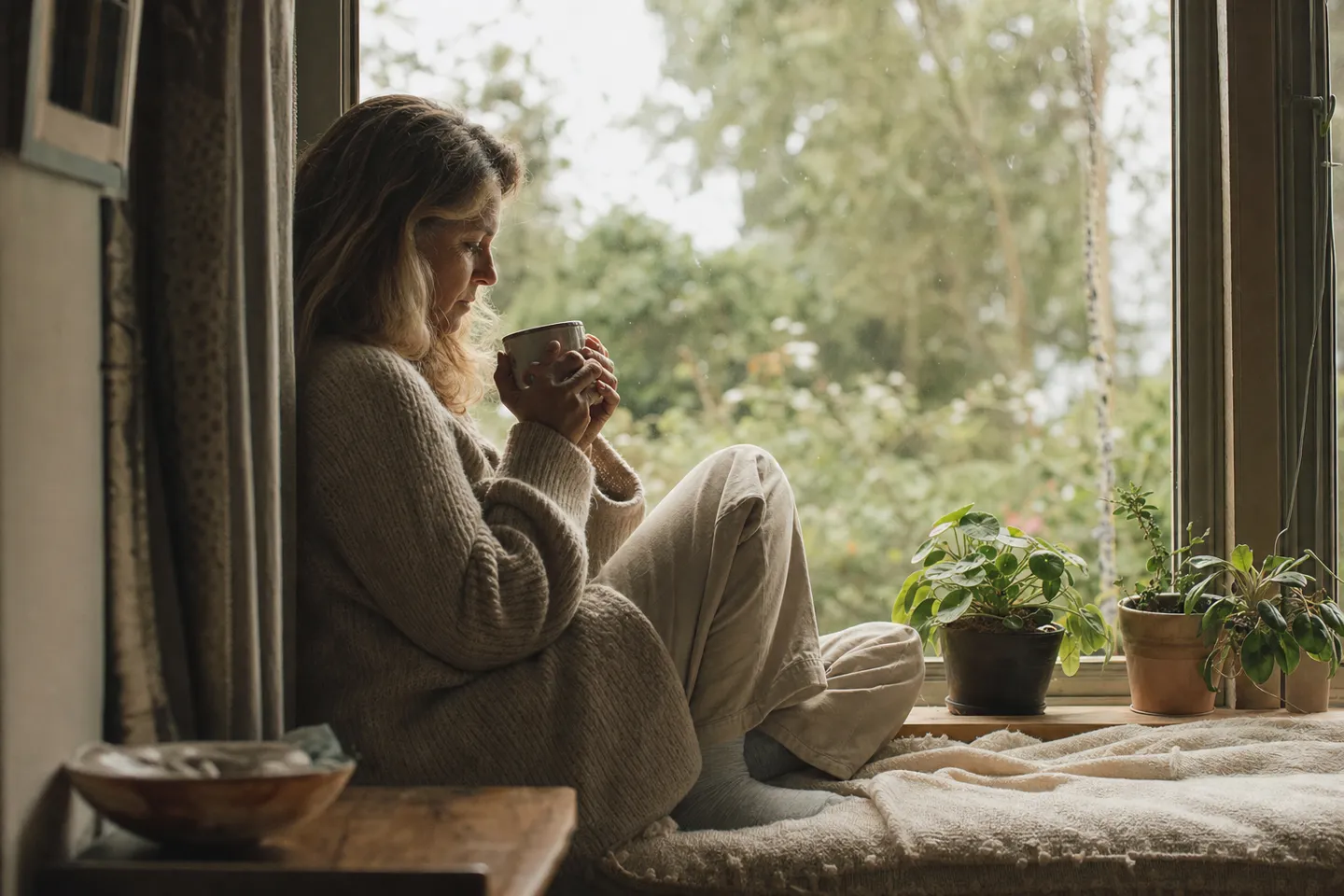 Woman sitting by a bright window and holding a warm mug