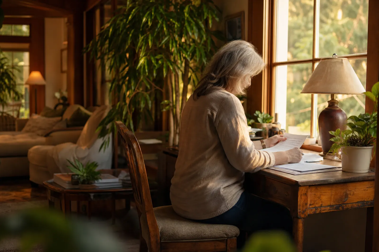 Woman reviewing papers at a small writing desk beside a window
