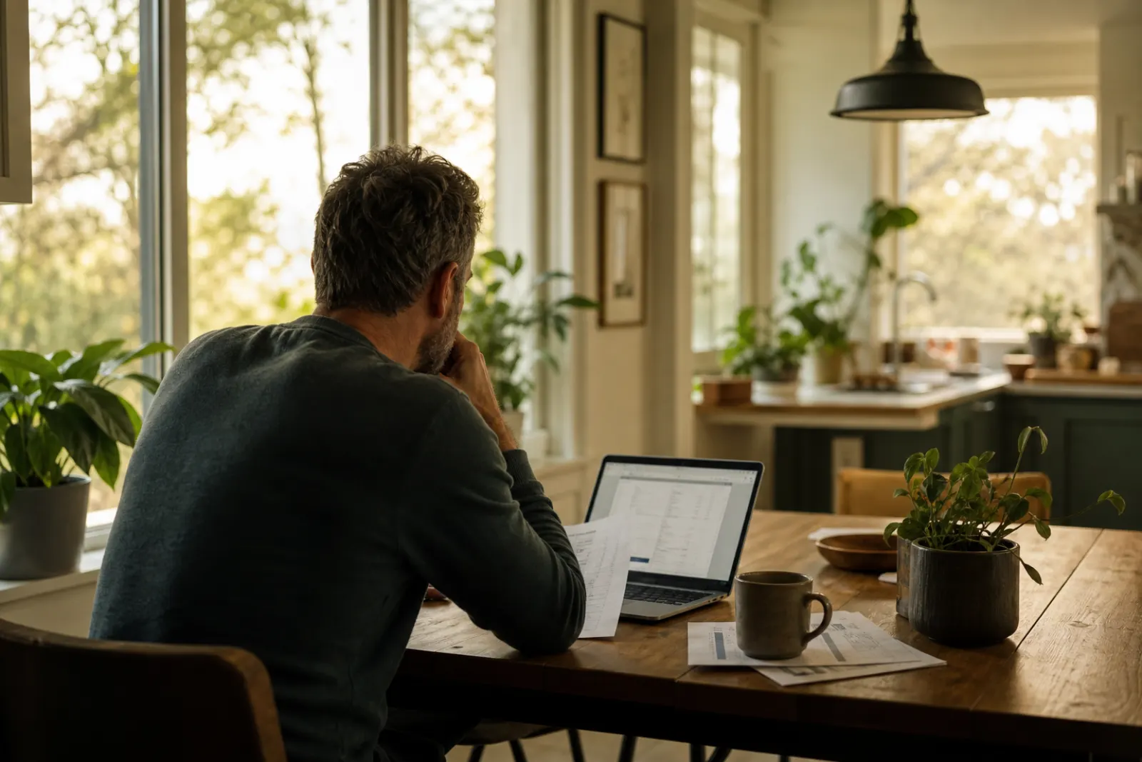 Man at a kitchen table with a laptop, papers and a mug, seen over his shoulder