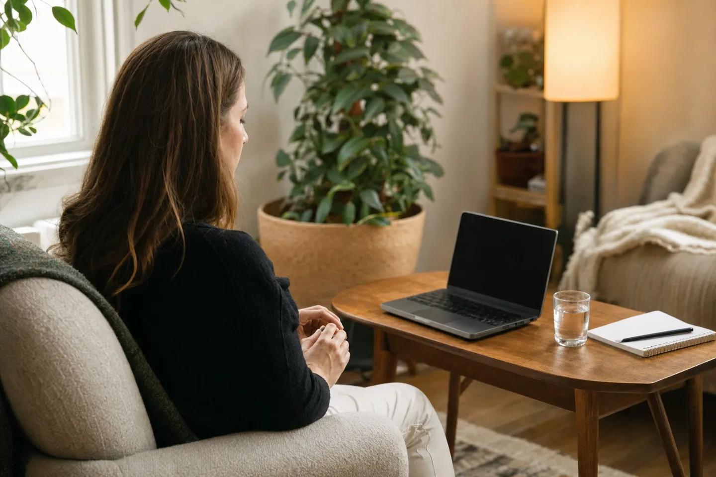Woman seated in a comfortable room prepared for a video therapy session
