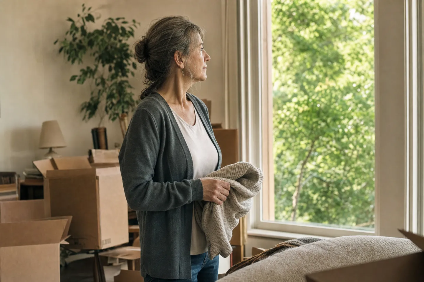 Woman standing among moving boxes and looking through a sunlit window