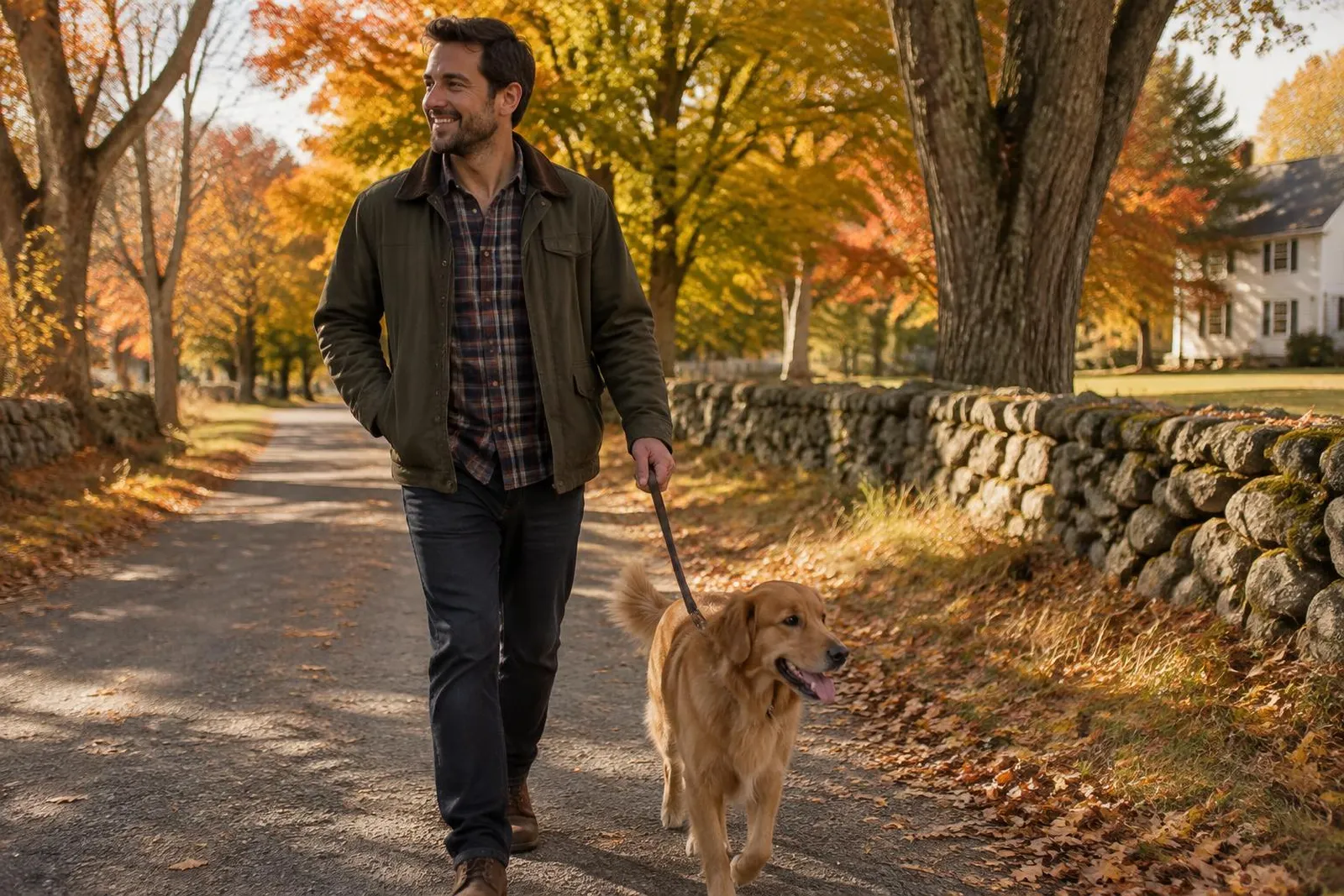 Man in his thirties walking a dog down a leafy lane in warm afternoon light, smiling at something off camera