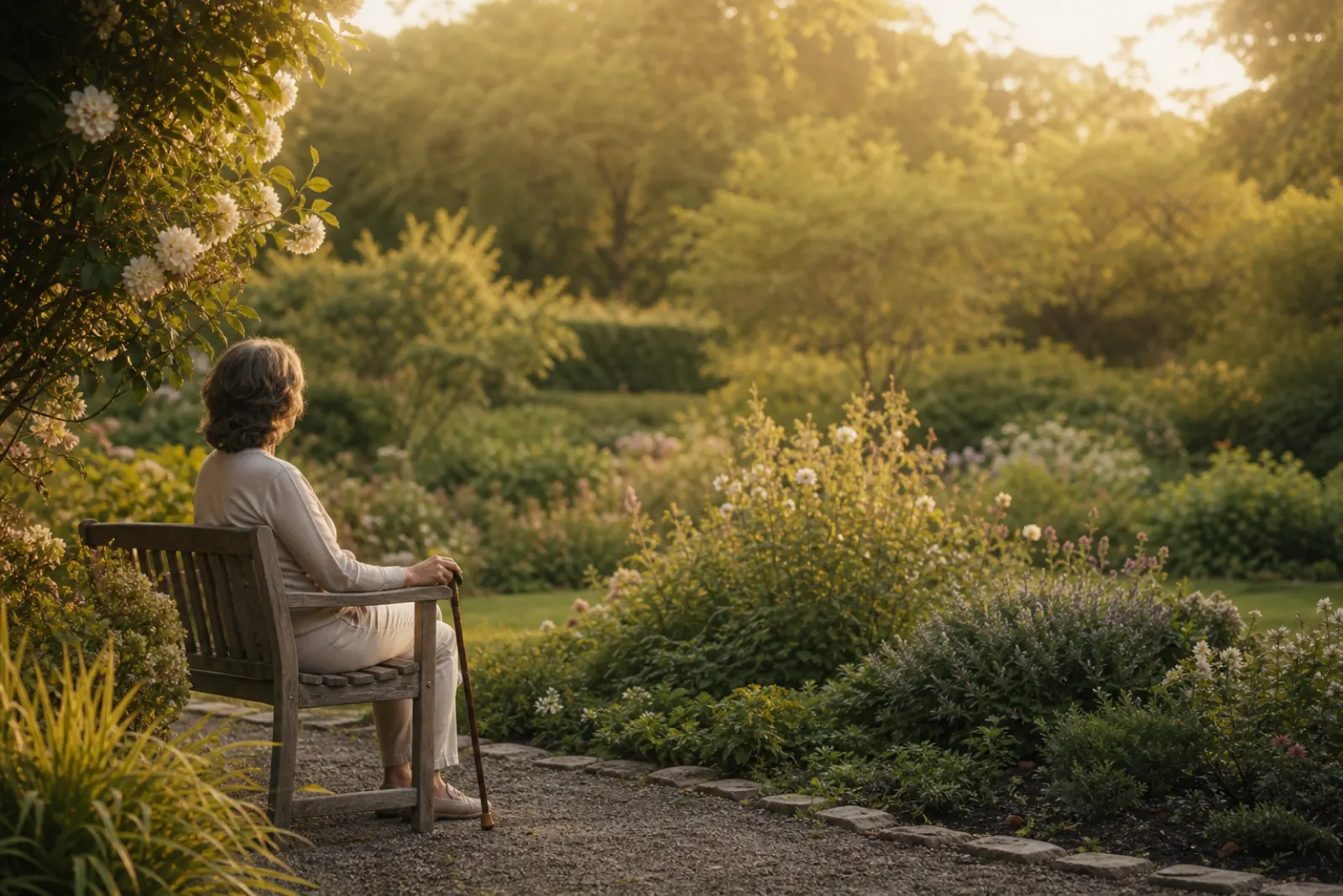 Woman in her fifties on a garden bench with a cane beside her, morning light