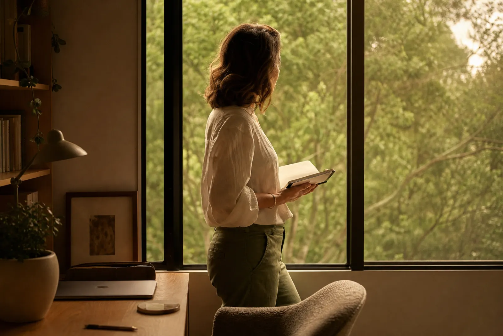 Woman in her forties by a large window in a warm home office, holding a notebook