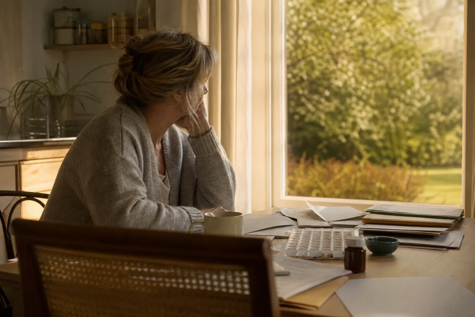 Woman in her fifties at a kitchen table with folders, resting her head on her hand