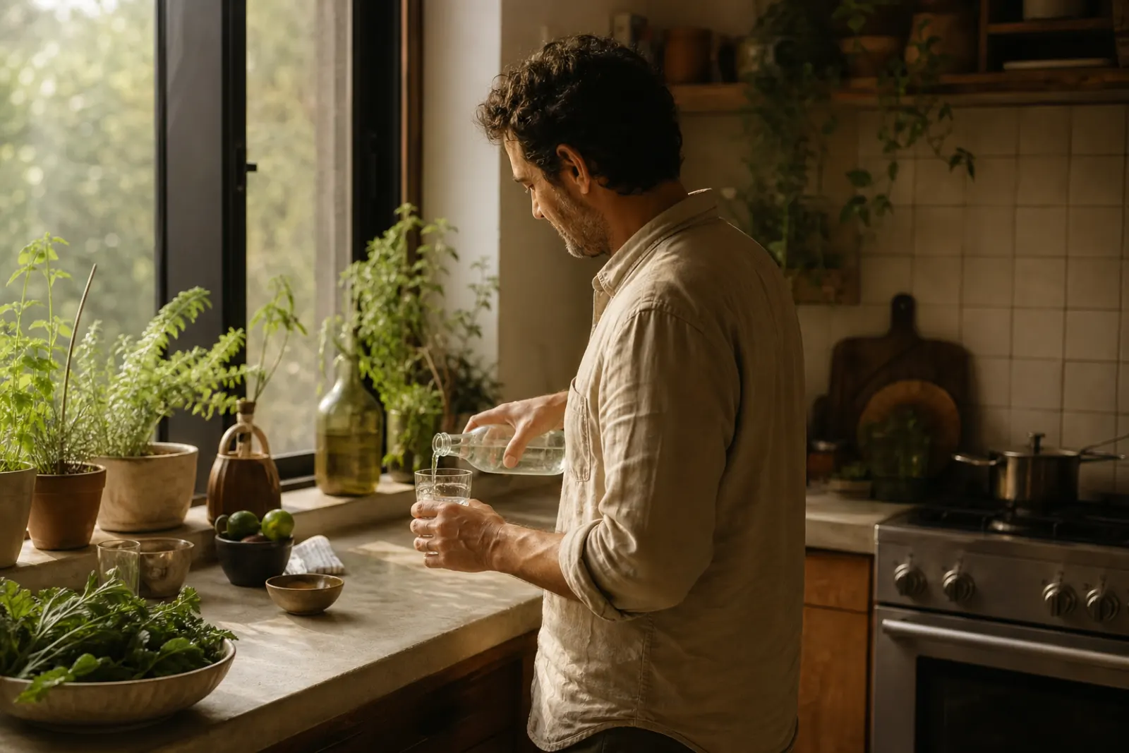 Man in his forties pouring sparkling water in a sunlit kitchen with plants