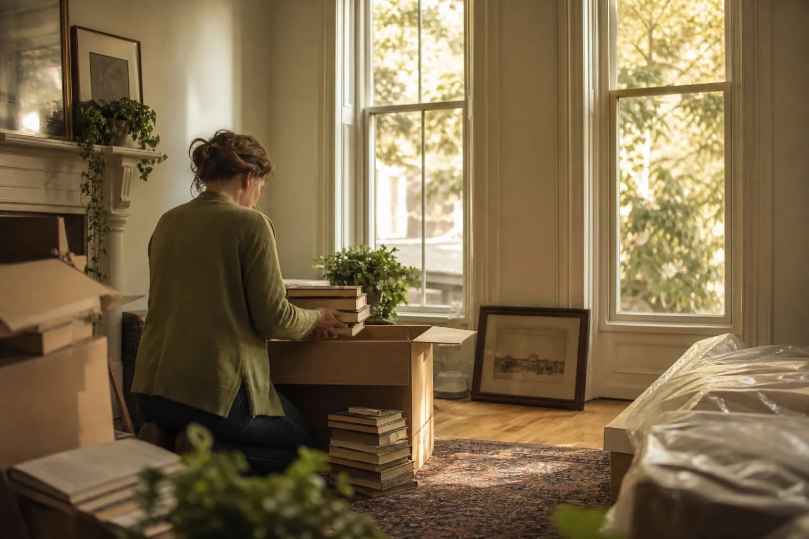 Woman in her forties unpacking books in a new apartment with warm window light