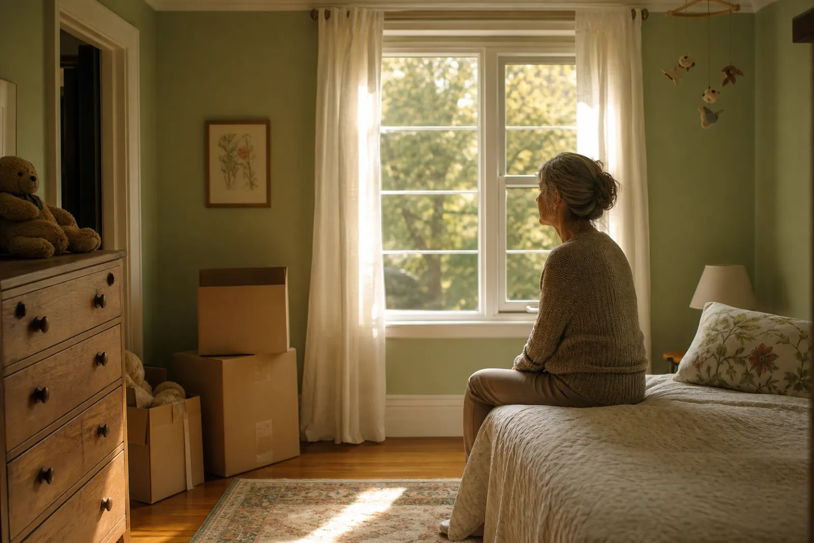 Woman in her fifties sitting on a made bed in a quiet, sunlit former child's bedroom