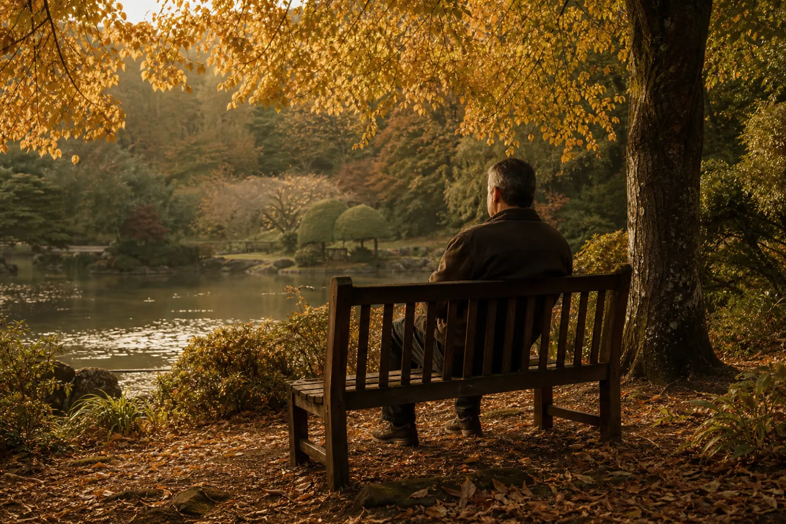 Man in his fifties sitting alone on a park bench beneath golden autumn trees