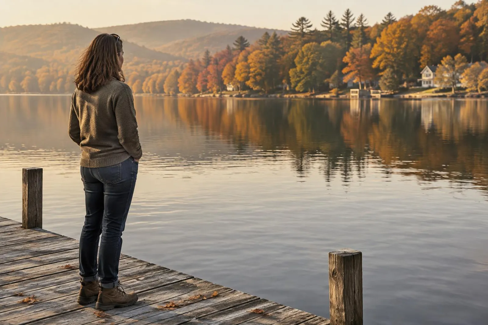 Woman in her forties gazing across a New England lake from a wooden dock in warm autumn light