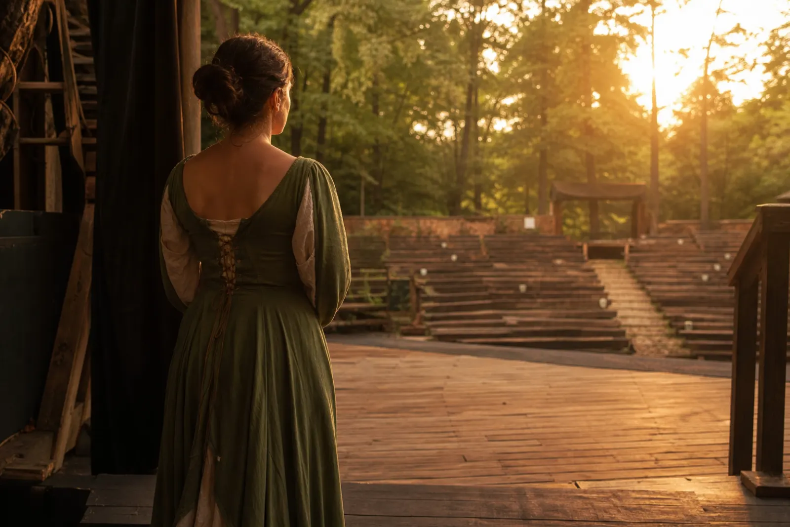 Woman in her thirties standing in the wings of a small wooden stage, facing warm lights