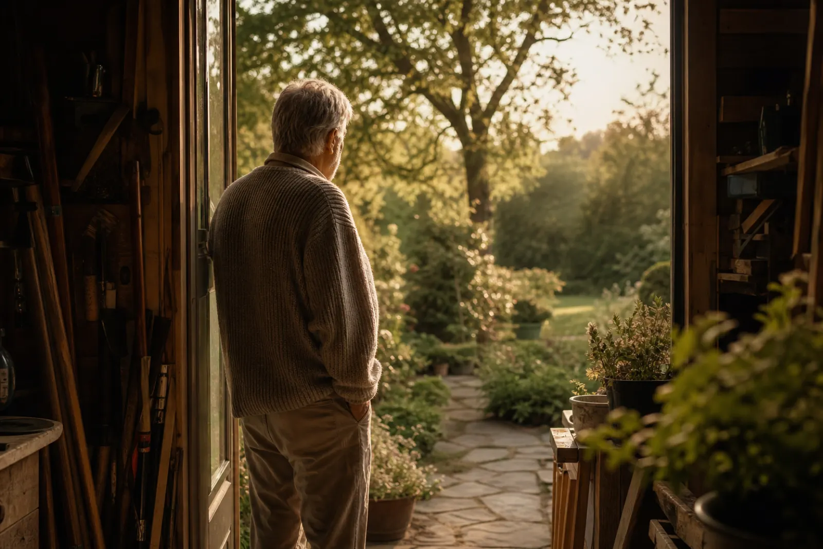 Man in his sixties standing in a sunlit workshop doorway, looking out at a garden