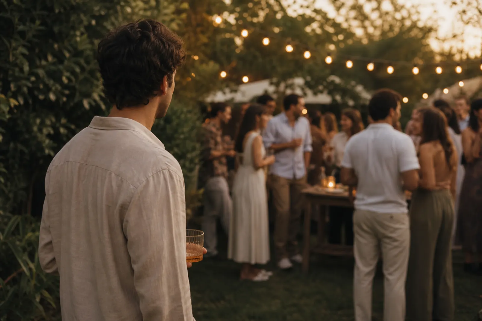 Young man standing slightly apart at the edge of a warm backyard gathering