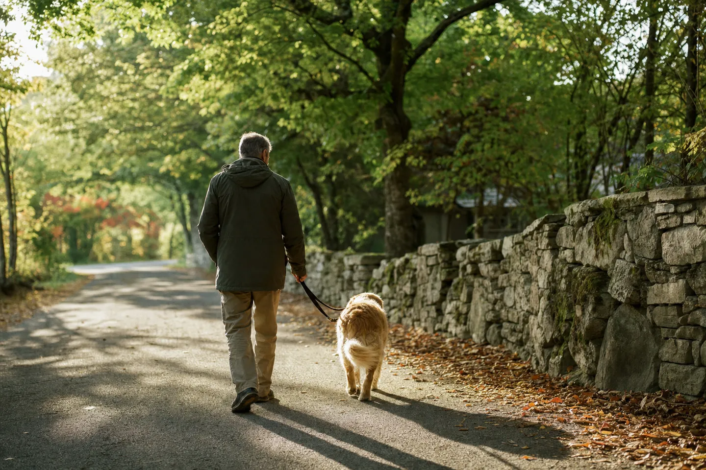 Man walking a dog beside a fieldstone wall on a tree-lined road
