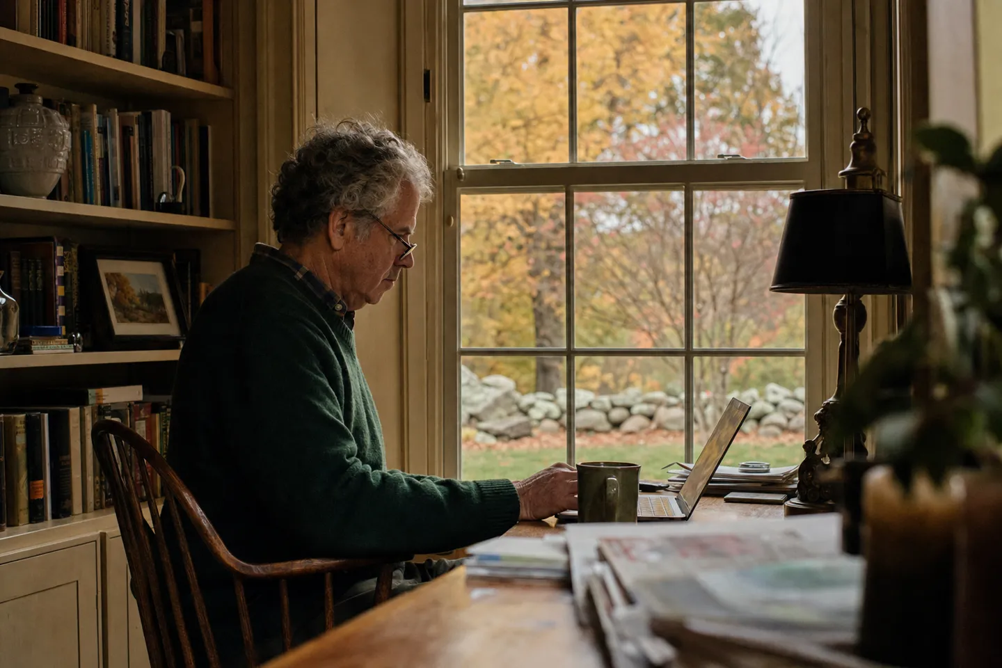 Man using a laptop at a desk beside a window overlooking autumn trees