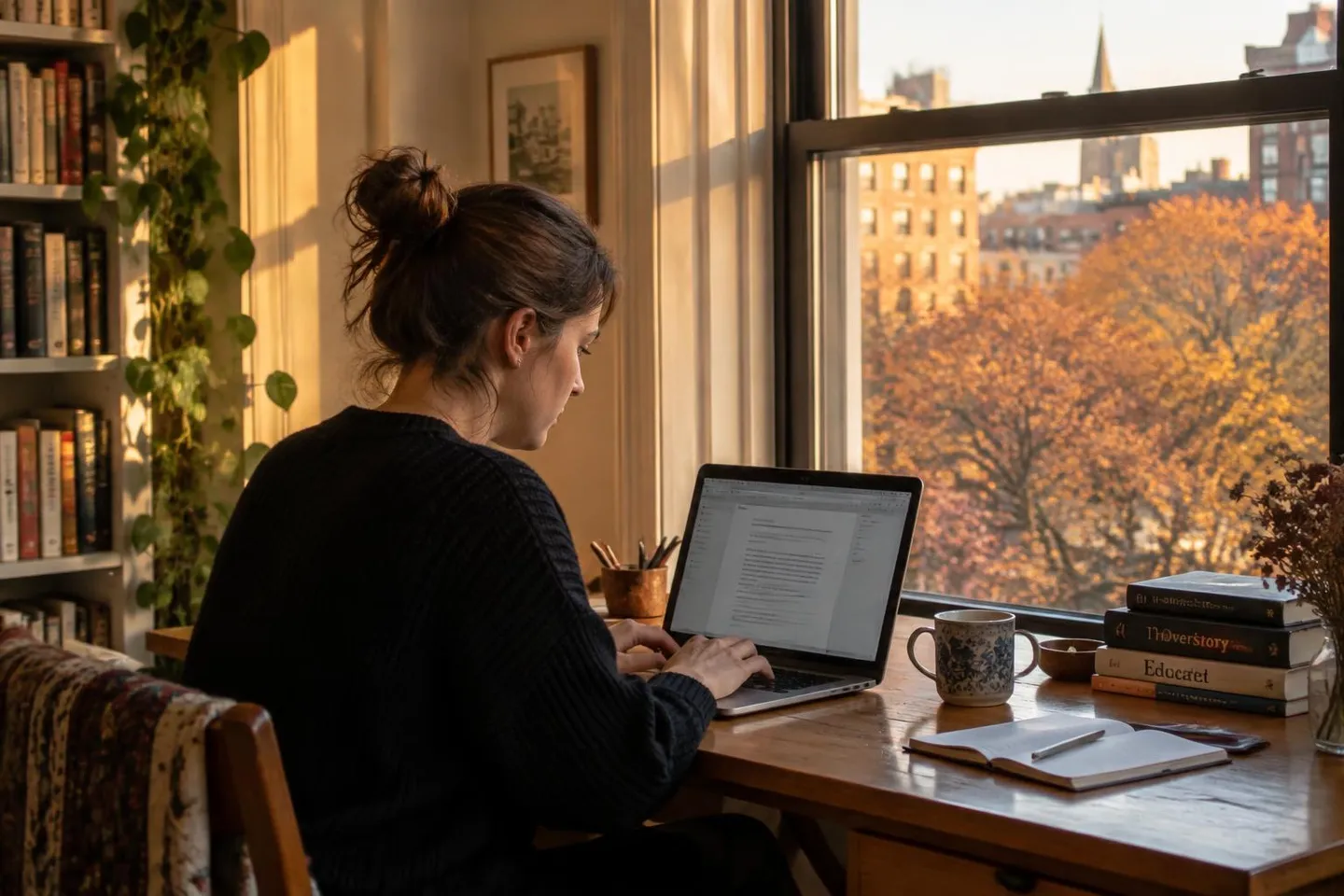 Woman typing on a laptop at a wooden desk beside a tall apartment window, with autumn trees and city rooftops outside in warm light